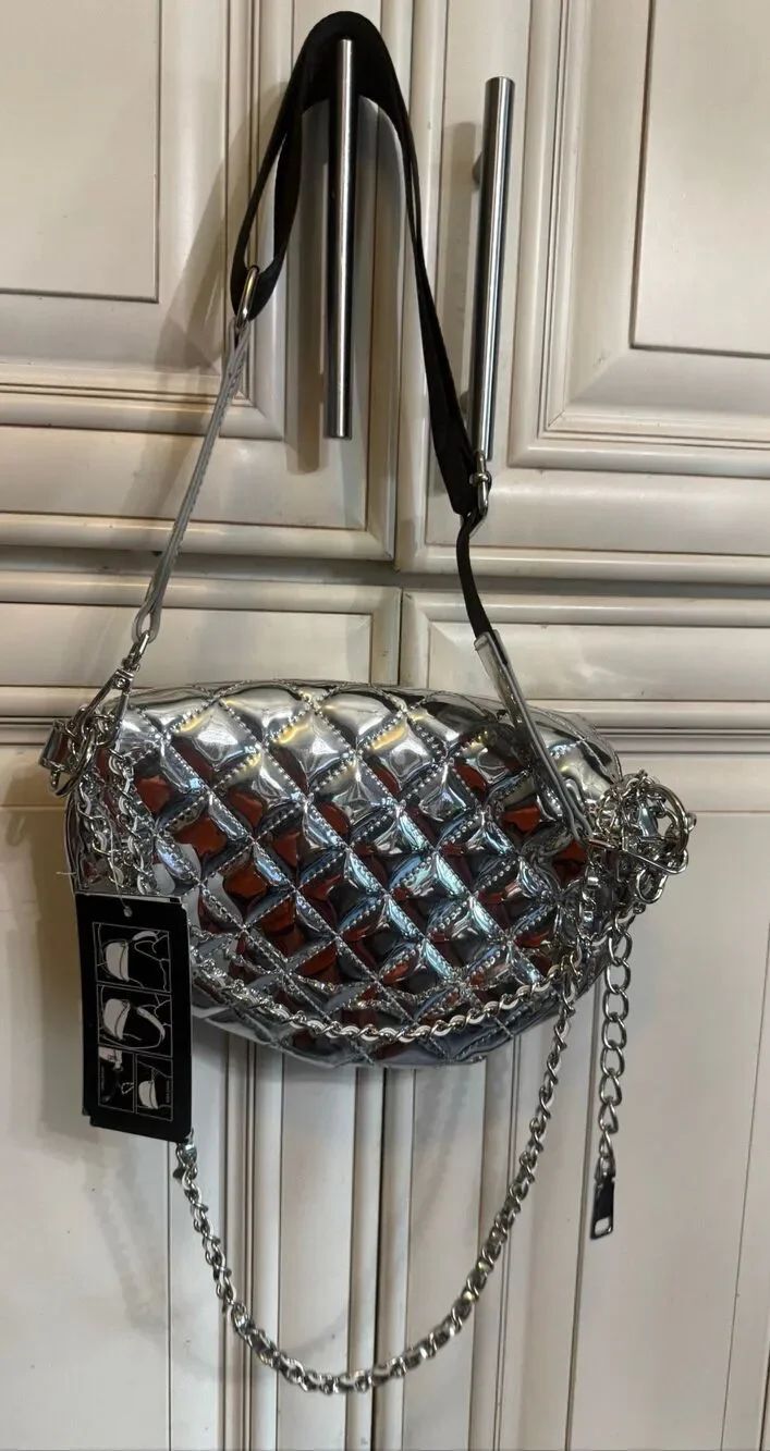 SteveโMadden Women's Metallic Quilted Convertible Fanny Pack Handbag Silver NWT